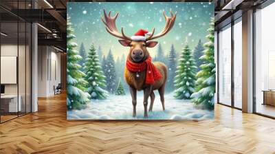 Whimsical illustration of a cheerful moose wearing a bright red scarf and Santa hat, standing in a snowy forest surrounded by festive holiday trees. Wall mural