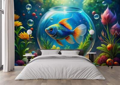 Whimsical illustration of a vibrant blue fish bowl containing a colorful fish swimming amidst aquatic plants, Wall mural