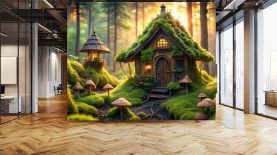 Whimsical miniature fairy dwelling crafted from moss, twigs, and mushrooms, nestled among lush forest foliage, radiating magic and wonder in a serene, natural setting. Wall mural