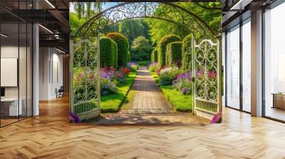 Whimsical white iron gates adorned with vines and flowers swing open to reveal a lush green garden path lined with blooming flowers and tall trees. Wall mural