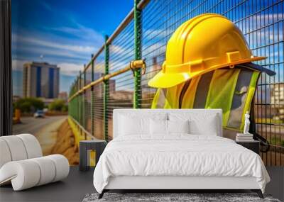 Yellow hard hat and reflective vest on a construction site fence in Durban, South Africa, emphasizing importance of Wall mural