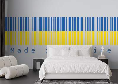 Barcode set the color of Ukraine flag, it is a banner of two equally sized horizontal bands of blue and yellow. text: Made in Ukraine. concept of sale or business. Wall mural