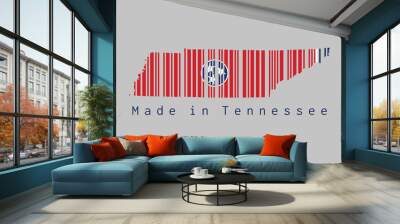 Barcode set the shape to Tennessee map outline and the color of Tennessee flag on grey background, text: Made in Tennessee. Wall mural