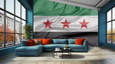 Fabric flag of Syrian Interim Government. Crease of Syrian flag background, A horizontal tricolor of green white and black with three red stars in the center. Wall mural