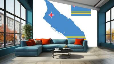 Map outline and flag of Aruba, a field of light blue and two narrow parallel horizontal yellow stripes in the bottom half, and a four pointed white and red star in the canton. Wall mural