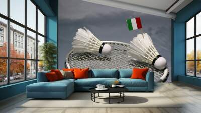 Mini Italy flag stick on the shuttlecock and another shuttlecock put on the net of badminton racket. Wall mural