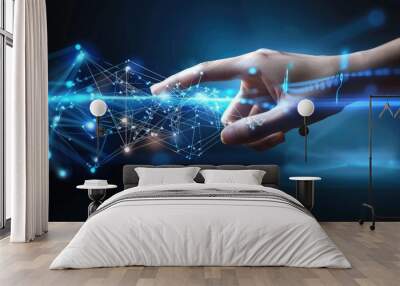 Abstract background of hands touching digital transformation virtual screen. Technology connection Dots and lines for futuristic cyber technology and network connection Wall mural