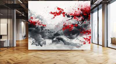 Abstract chinese, japanese ink calligraphy painting. Black and red abstract illustration painted with brush. Red flowers, black wave, cherry blossom on chinese paper. 4K background, wallpaper Wall mural