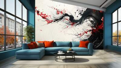 Abstract chinese, japanese ink calligraphy painting. Black and red abstract illustration painted with brush. Red flowers, black wave, cherry blossom on chinese paper. 4K background, wallpaper Wall mural