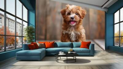 Beautiful happy reddish havanese puppy dog is sitting frontal Wall mural