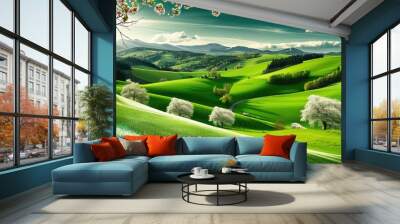 Beautiful spring landscape scene with rolling green hills Wall mural