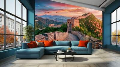 Big Great Wall of China at sunset,panoramic view Wall mural