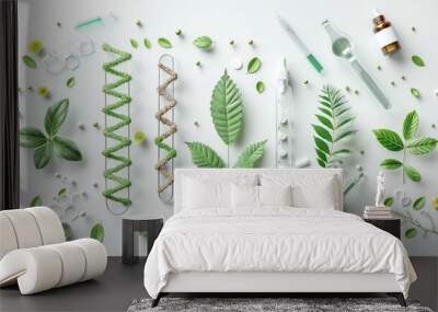 Biology laboratory nature and science, plant and environmental study, DNA, gene therapy, and plants with biochemistry structures on white backgrounds Wall mural