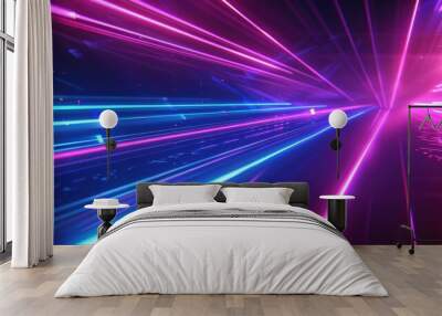 Blue pink and purple neon glow laser beam light lines moving fast,digital, high speed internet, cyberpunk, techonogy backdrop. futuristic abstract background Wall mural