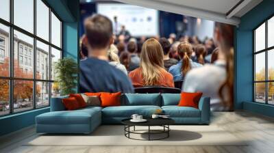 Business people or students are watching a presentation or attend a training or seminar in a lecture hall or auditorium. Conference hall full of people participating in the business training Wall mural