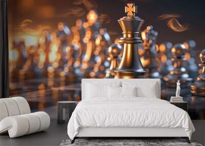 Chess piece on chessboard, competition success and strategy game play Wall mural