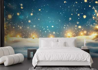 Christmas background - snow landscape with sparkling lights Wall mural