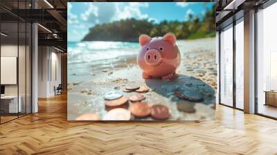 close up of a pink piggy bank on the tropical sand beach with coins. representing personal finance and saving money for travel or vacation. the summer background scene suggests taking a beach vacation Wall mural