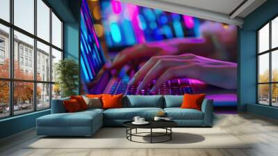 Close up of hands, Data Search Technology SEO Search Engine Optimization concept. Woman typing on purple lit laptop computer keyboard to search data on web browser, close-up of hands Wall mural