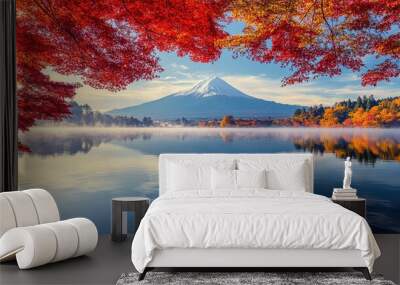 Colorful Autumn Season and Mountain Fuji with morning fog and red leaves at lake Kawaguchiko is one of the best places in Japan Wall mural