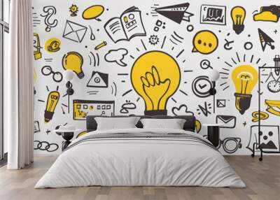 Creativity and innovation doodle icons collection. Hand drawn yellow color clip art. Good idea, business start up concept. Success management set of elements for finance growthing Wall mural