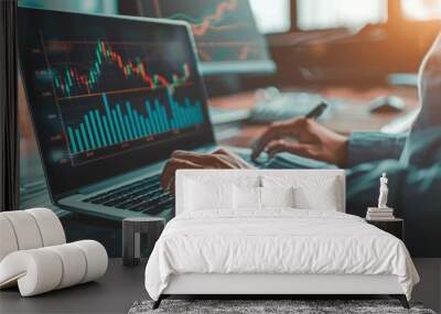 Cropped photo of businessman analyzing business diagram, marketing statistics and finance market graphs on laptop monitor in the office Wall mural