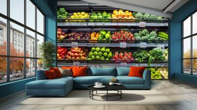 Fruits and vegetables in the refrigerated shelf of a supermarket Wall mural