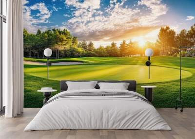 Green grass and woods on a golf field Wall mural