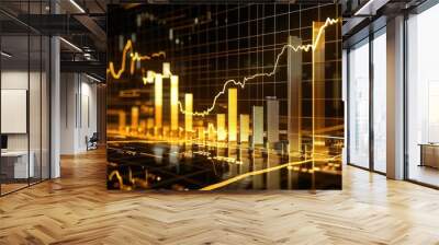 Growth business financial gold stock diagram profit money investment economy finance background golden market chart success concept or invest price data trade strategy graph currency. Wall mural