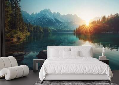 Impressive summer sunrise on Eibsee lake with Zugspitze mountain range. Sunny outdoor scene in German Alps, Bavaria, Germany, Europe. Beauty of nature concept background Wall mural