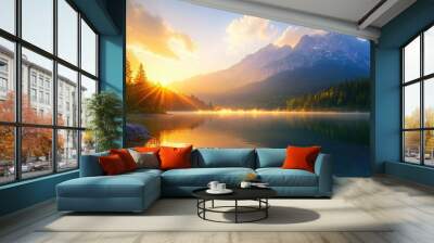 Impressive summer sunrise on Eibsee lake with Zugspitze mountain range. Sunny outdoor scene in German Alps, Bavaria, Germany, Europe. Beauty of nature concept background Wall mural