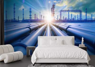 Industrial pipeline, oil and gas factory, blue color banner with sun ligh Wall mural