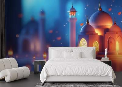 Islamic holiday banner in monotone design. Ramadan night. Cute mosque and lantern displayed on stages with glowing light in the evening. 3d illustration Wall mural