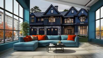 Luxurious new construction home, modern style home two car garage, blue siding natural stone wall Wall mural