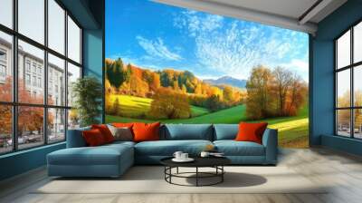 Magical landscape in autumn: sunny panorama of rural idyll Wall mural