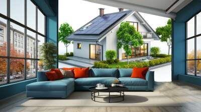 miniature house model with solar panel on roof on white background. smart home energy saving concept Wall mural