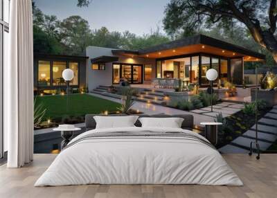 Modern house with beautiful landscape and outdoor lighting Wall mural