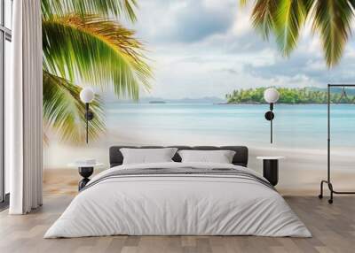 Sandy tropical beach with island on background Wall mural