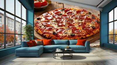 Tasty pepperoni pizza with mushrooms and olives Wall mural