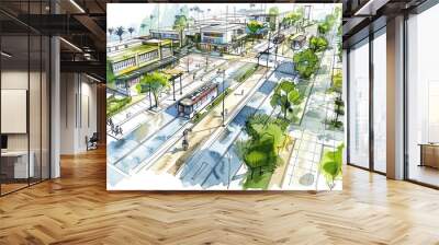 Urban planning sketch highlighting sustainable elements like green spaces, public transportation, and pedestrian zones Wall mural