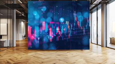 View of stock market expansion, business investment, and data analysis concept featuring digital financial charts, graphs, and indicators against a dark blue blurred background Wall mural