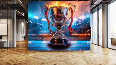 World championship winner cup trophy at sports stadium empty background. Dark night evening stylish neon lights, center or midfield. Panorama with copy space Wall mural