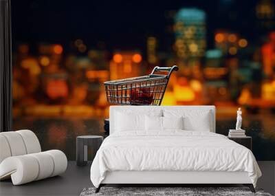 Online shopping concept with miniature shopping cart Wall mural