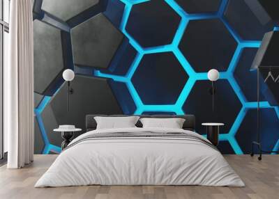 abstract background using hexagon pattern with metallic gray gradient color and bright blue hexagon outline, there is skin on outside with gray hexagon shape, 3d rendering and 4K size Wall mural