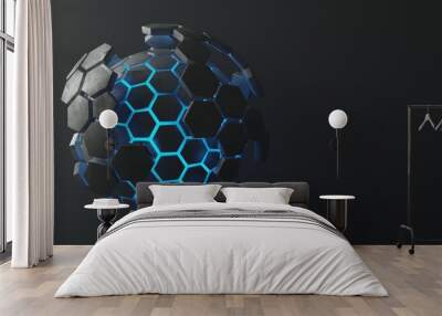 abstract background using hexagon textured ball with metallic gray gradient color and bright blue hexagon outline, there is skin on the outside with gray hexagon shape Wall mural