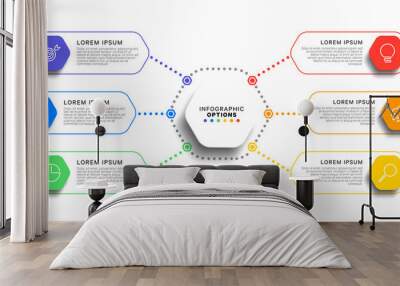 6 steps infographic template with realistic hexagonal elements on white background. business process diagram. company presentation slide template. modern vector info graphic layout design. eps 10 Wall mural