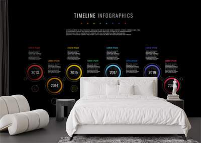 horizontal timeline infographic with round elements, year indication and text boxes on a black background. realistic 3d paper cut design. modern vector company presentation slide template. eps 10 Wall mural