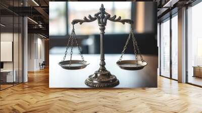 Bronze legal scales on a judge's desk in a courtroom Wall mural