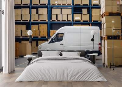 Delivery van are parked in large distribution warehouse. Commercial Shipping service company Wall mural