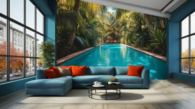 glistening blue swimming pool surrounded by lush green palm trees Wall mural